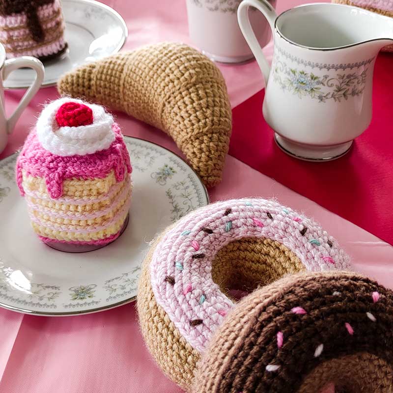 Crochet donut, croissant, and cakes