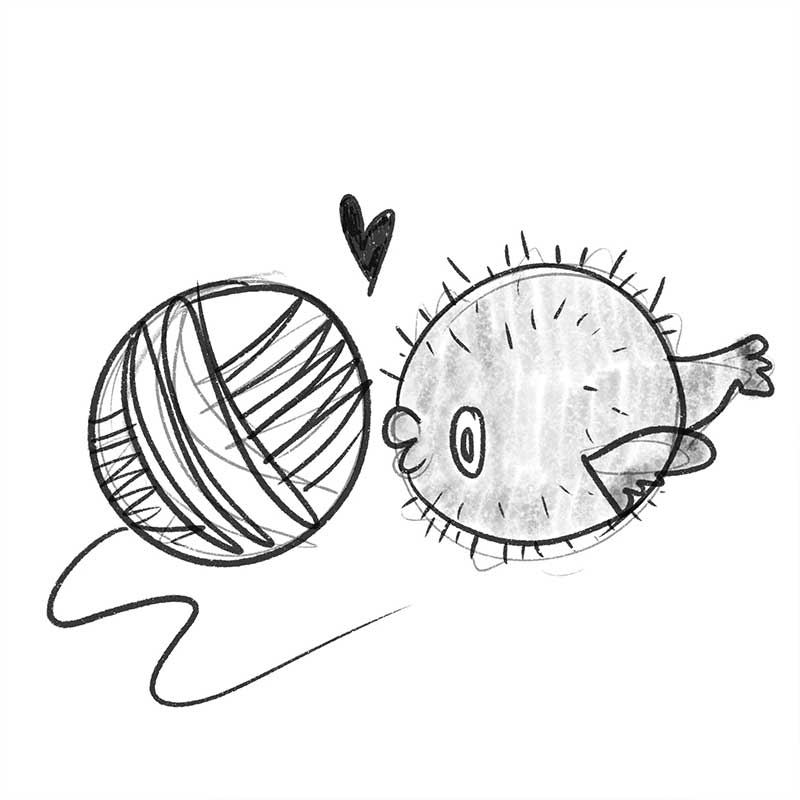 yarn and blowfish pencil illustration