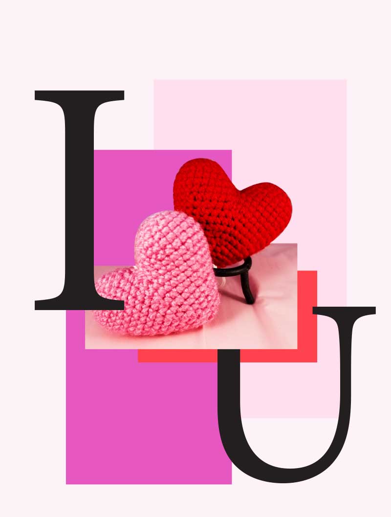 Crochet heart pink and red with letter I and U