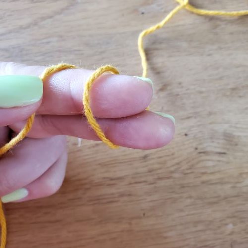 Yarn wrapped around two fingers, step 2 of making a magic ring