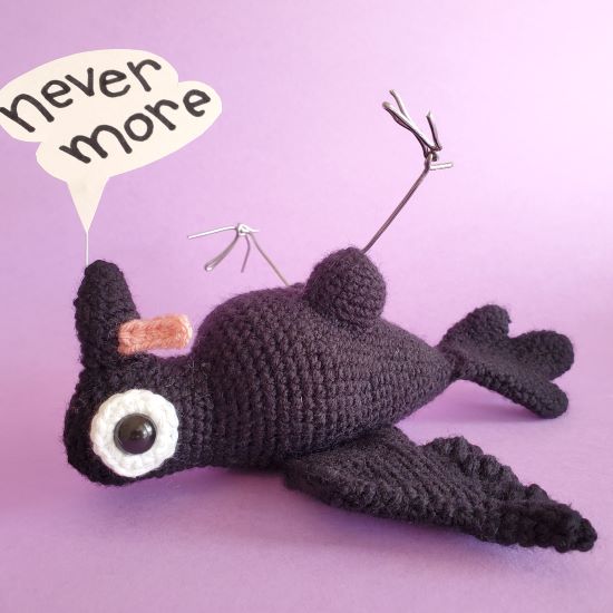 crochet crow saying "nevermore"