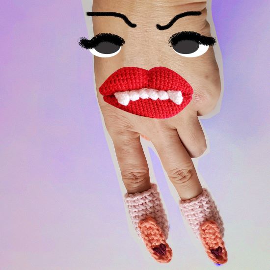 a very strange collage with a hand, crochet lips, and witch fingers