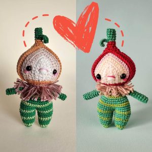 Red and yellow crochet onion people