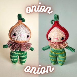 Two crochet onion dolls