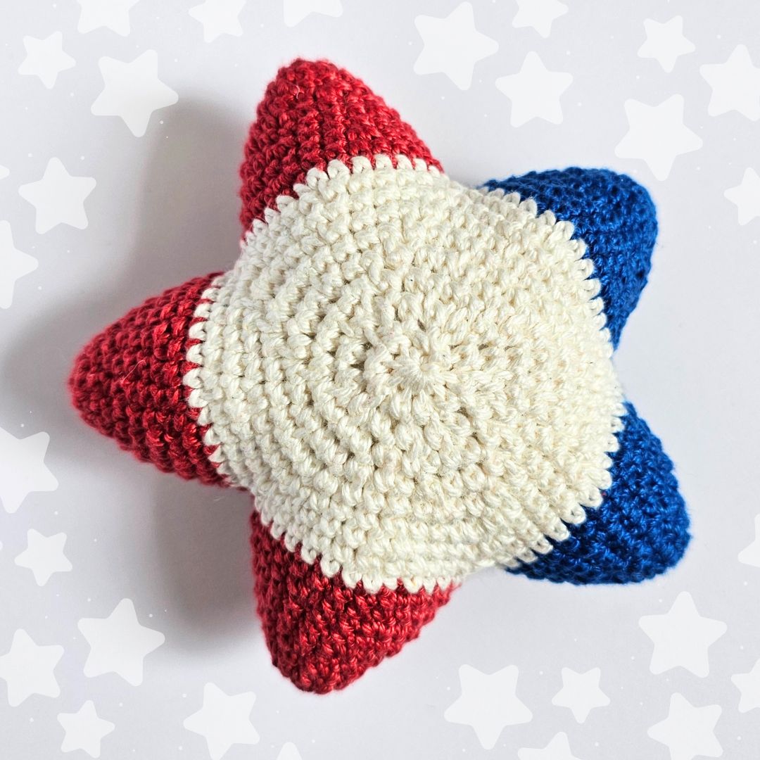 red, white, and blue crochet star